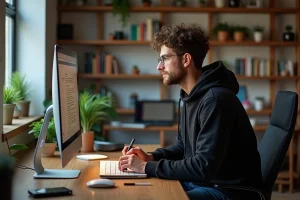 Jeune homme concentré travaillant à son bureau à domicile