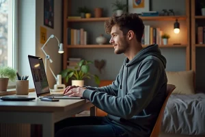 Jeune homme en hoodie utilisant un ordinateur portable dans sa chambre