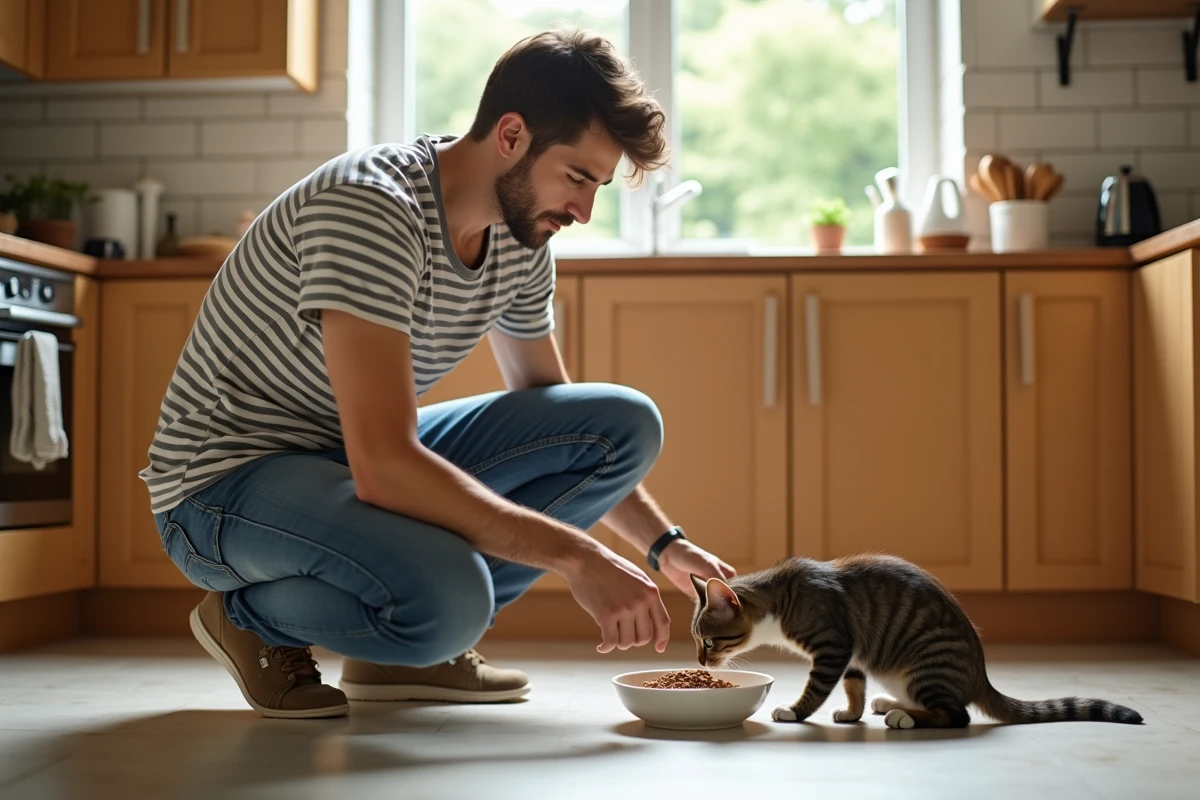 Jeune homme donnant à manger à son chat à la maison