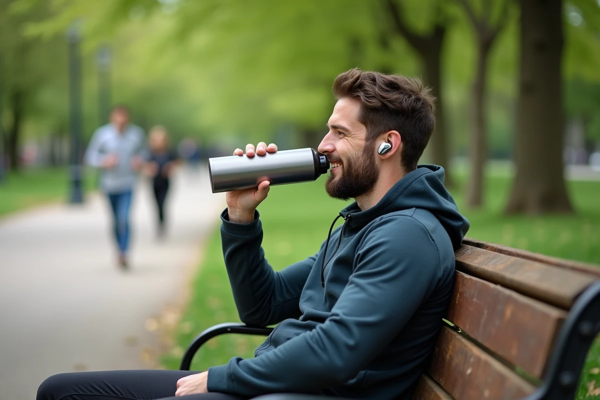 Jeune homme en jogging boit dans un parc verdoyant