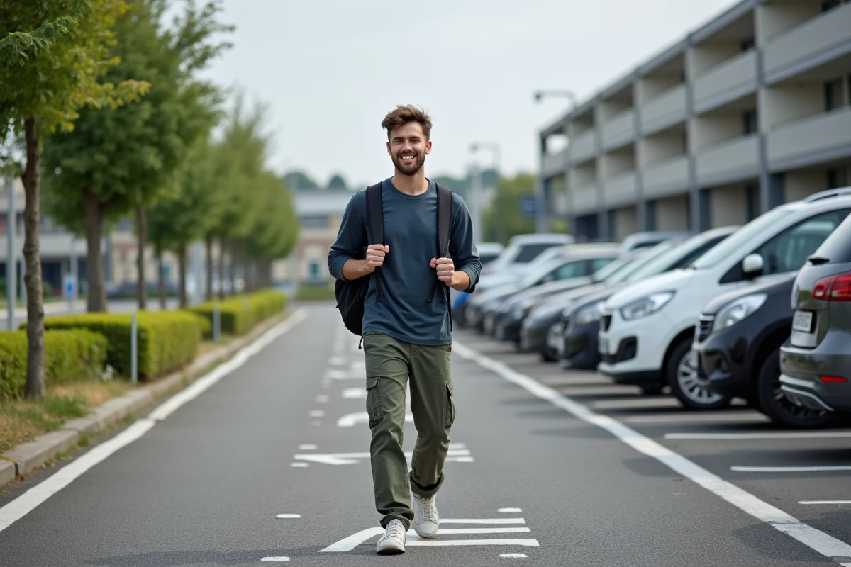 Jeune homme avec sac à dos dans un parking près de Rennes