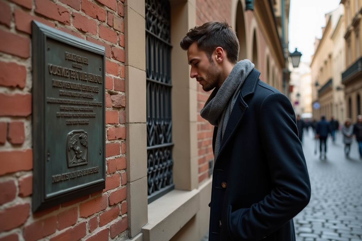 Jeune homme lisant une plaque en bronze dans une rue de Prague
