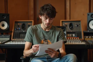 Jeune homme en studio de musique avec table de mixage