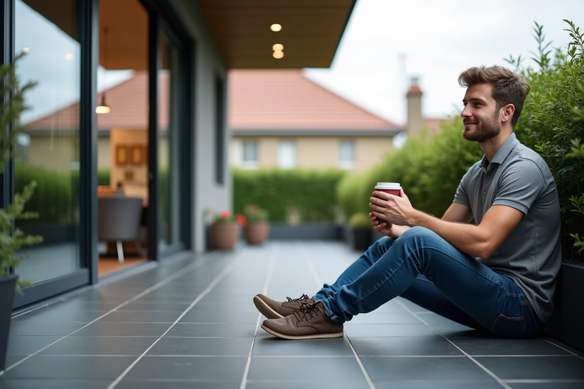 Jeune homme assis avec tasse de café sur terrasse anthracite