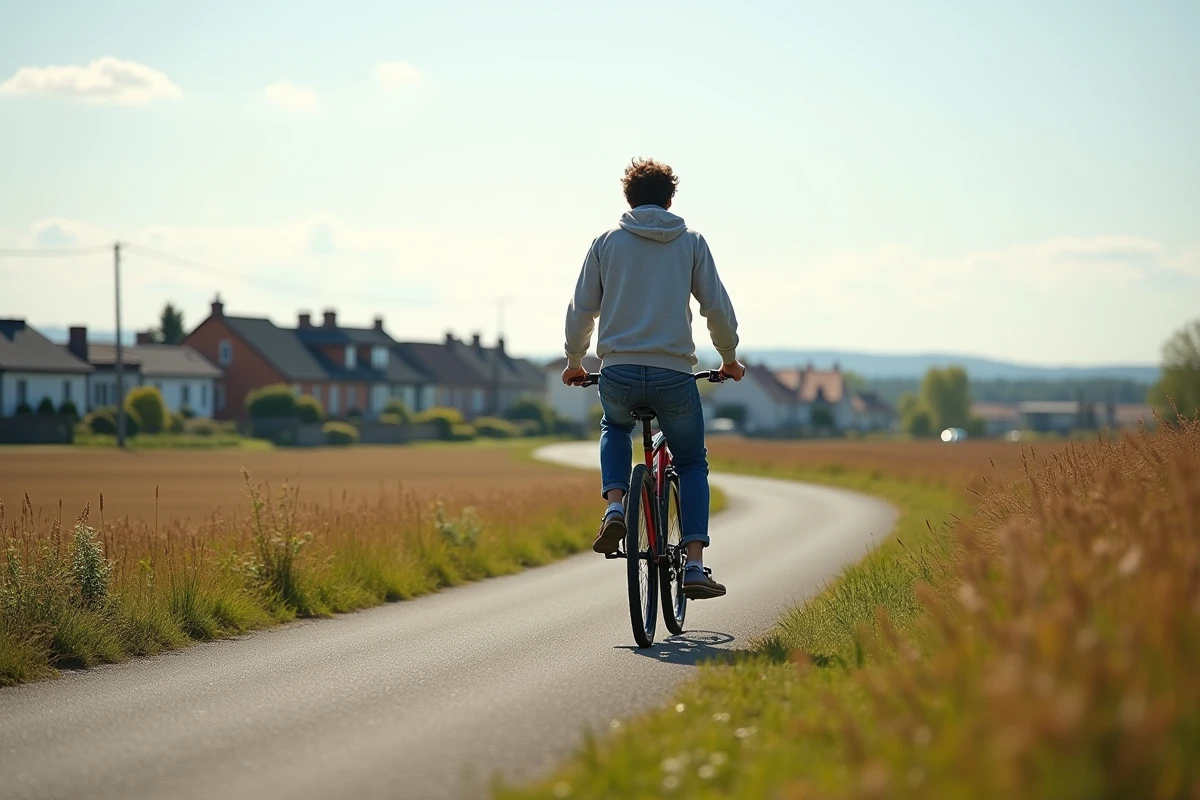 Jeune homme à vélo dans un paysage rural et périurbain