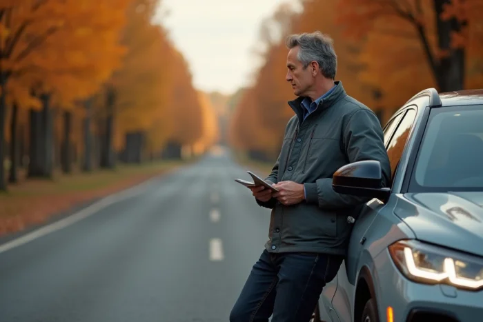 Journaliste automobile masculin examinant un SUV sportif sur une route asphaltée bordée d'arbres en automne