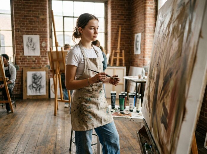 Jeune lycéenne en tablier taché de peinture travaillant sur une toile dans un atelier de formation artistique après le bac