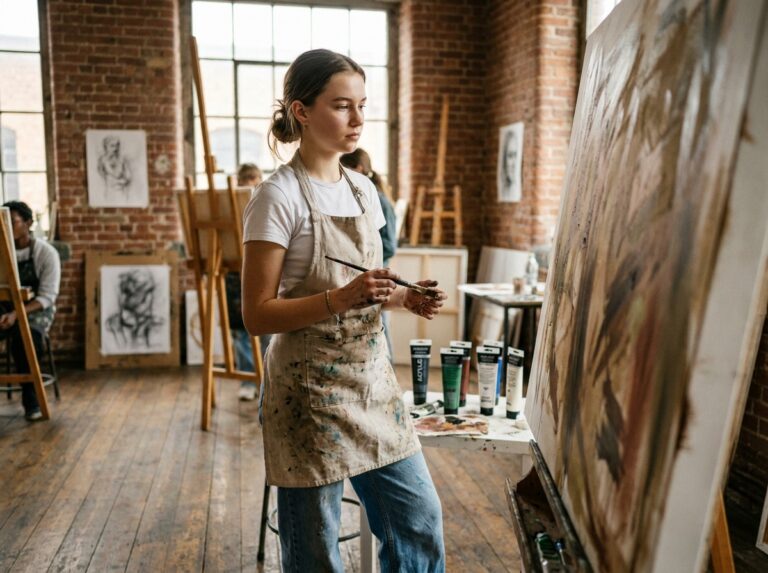 Jeune lycéenne en tablier taché de peinture travaillant sur une toile dans un atelier de formation artistique après le bac