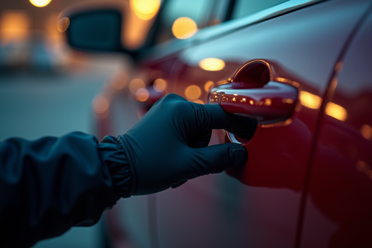 Main gantée manipulant la poignée de porte de voiture au crépuscule