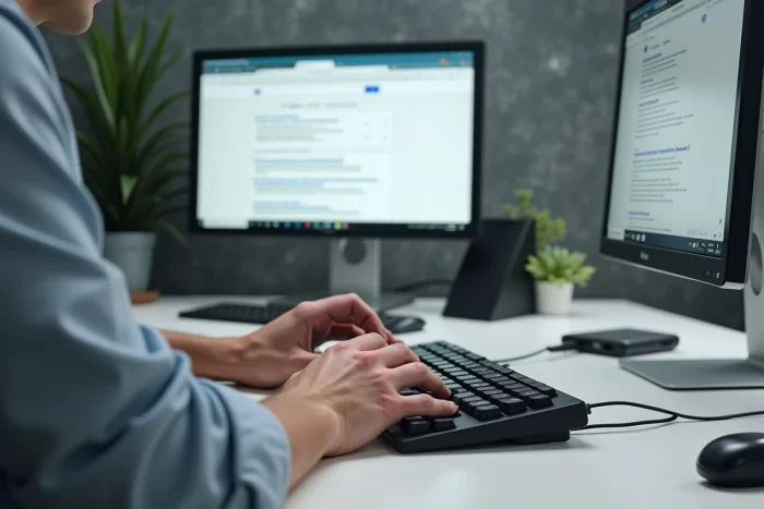Mains tapant sur un clavier pour rechercher des alternatives après la fermeture d'un site de torrents, avec un VPN ouvert à l'écran