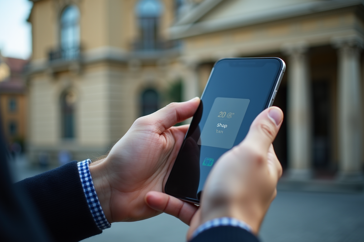 Mains tenant un smartphone avec application bancaire en gros plan