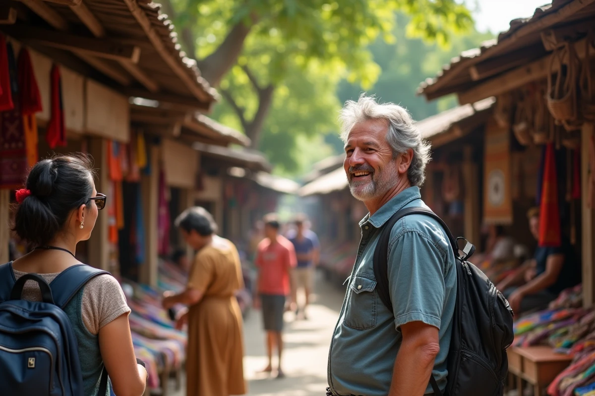 Homme discutant avec un artisan dans un marché coloré