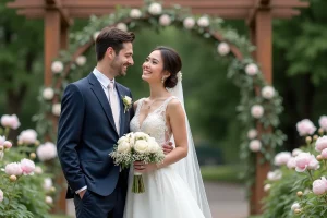 Jeune mariée souriante en robe de mariage dans un jardin