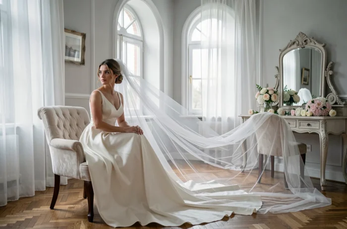 Mariée contemplative en robe de satin dans une suite nuptiale lumineuse et élégante