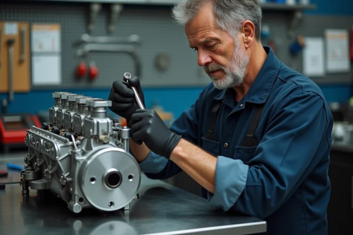 Mécanicien expérimenté inspectant un moteur de BMW 3.0 CSL sur un établi en acier inoxydable