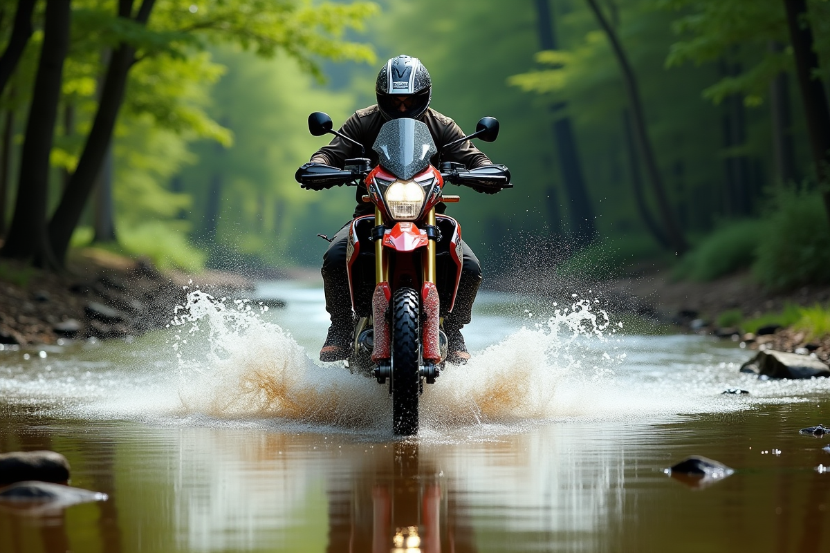 Moto dualsport traversant une rivière en forêt verte en pleine journée