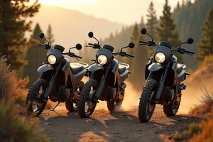 Trois motos tout-terrain sur un sentier en montagne au coucher du soleil