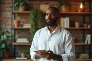 Moustafa El Oudi dans un espace de travail moderne, symbole d'ambition et de créativité entrepreneuriale