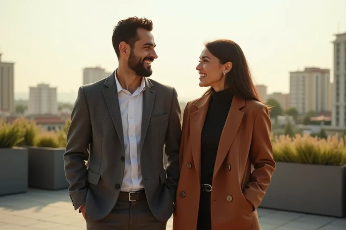 Moustafa El Oudi et Marwa Cheikh ensemble, duo inspirant partageant leur vision sur une terrasse urbaine
