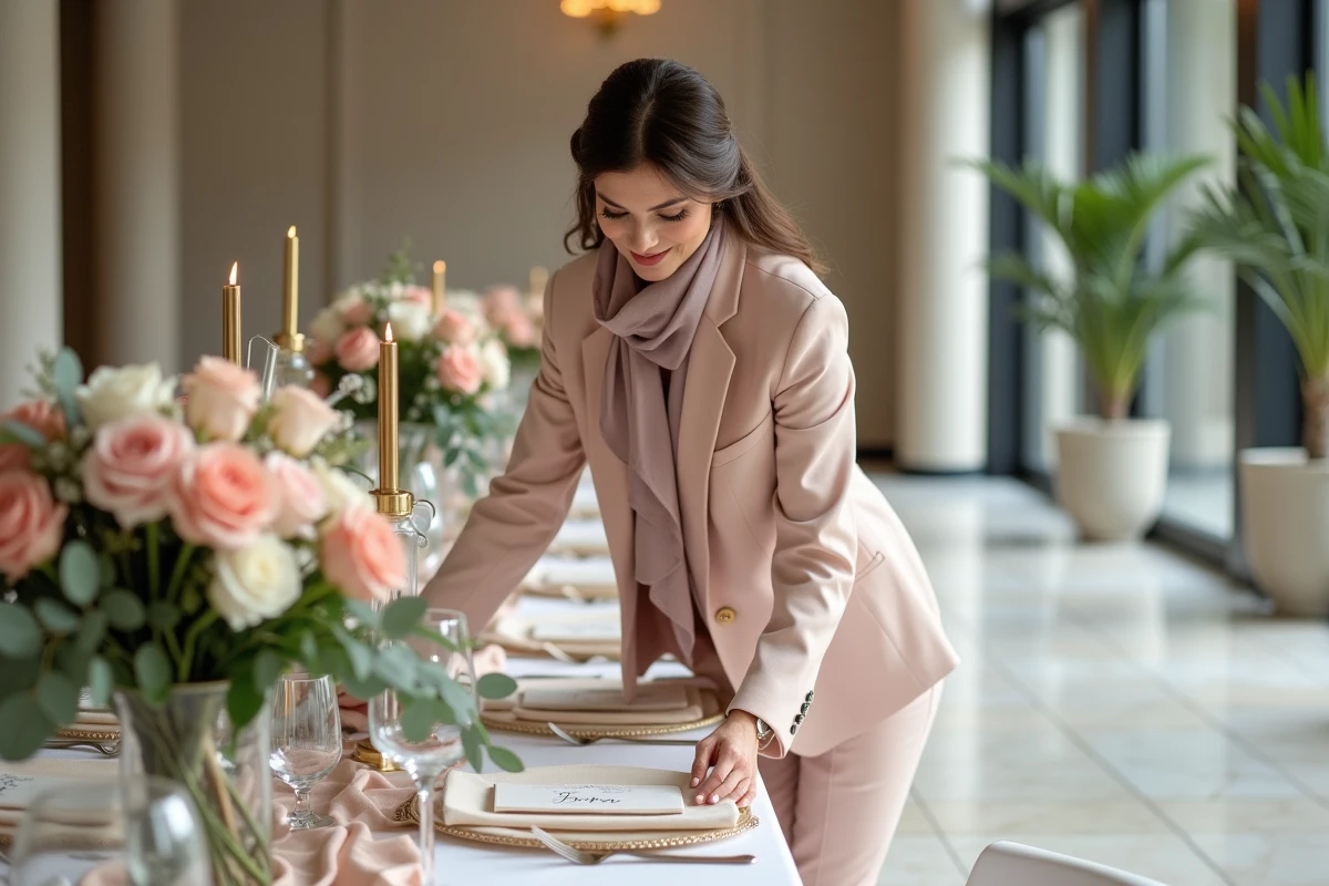 Organisatrice de mariage arrangeant une table de reception