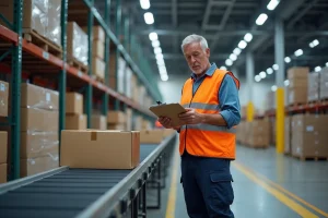 Ouvrier en vestiaire orange dans un hub logistique