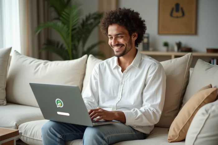 Personne assise dans un salon moderne utilisant WhatsApp Web sur un ordinateur portable pour passer un appel depuis son navigateur