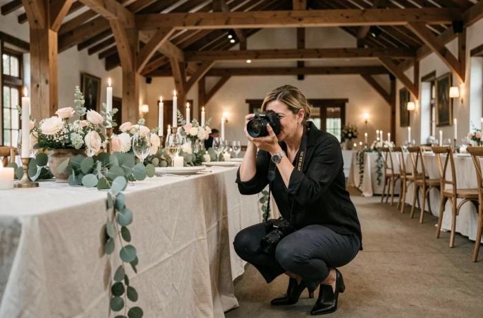 Photographe professionnelle de mariage en action lors d'une réception élégante en intérieur