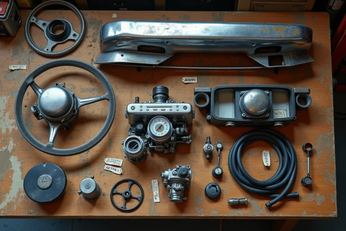Pièces rares et originales de BMW 3.0 CSL disposées sur un établi en bois avec étiquettes manuscrites