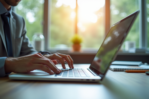 Professionnel d'affaires utilisant un ordinateur sécurisé au bureau