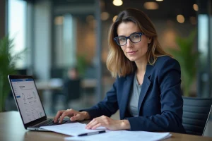 Professionnelle de santé consultant un tableau de bord de protection des données RGPD sur ordinateur portable dans un bureau moderne