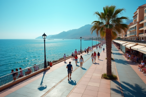 Promenade méditerranéenne bondée en journée avec touristes et palmiers