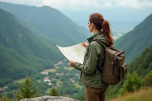 Jeune femme regardant une carte en montagne verdoyante