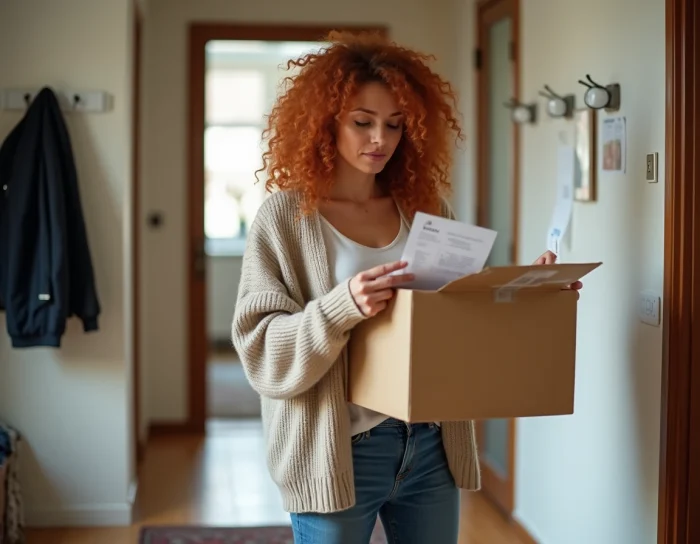 Femme recevant un colis de vêtements grande taille et vérifiant sa commande à domicile