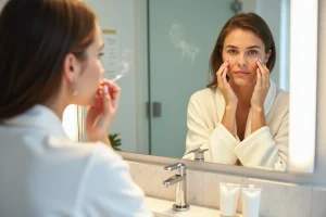 Femme appliquant un sérum visage dans sa salle de bain lors de sa routine beauté quotidienne