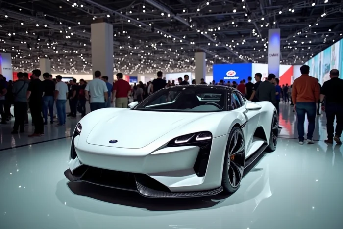 Salon automobile animé avec visiteurs et voitures concept exposées sur des plateformes dans un grand centre de conventions