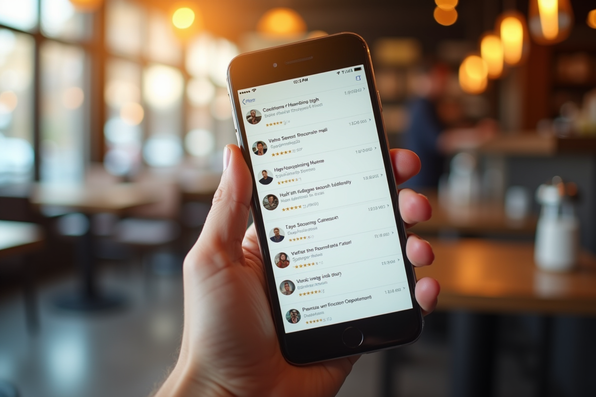 Main tenant un smartphone avec avis clients cinq étoiles