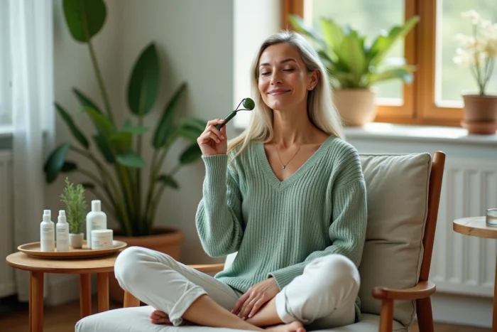 Femme utilisant un rouleau jade pour prendre soin de sa peau dans un salon cosy et lumineux