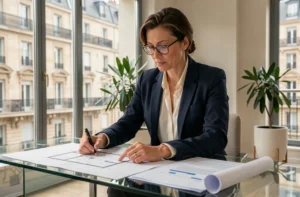Femme professionnelle en agence immobilière parisienne analysant des plans et des documents financiers pour un investissement immobilier en France