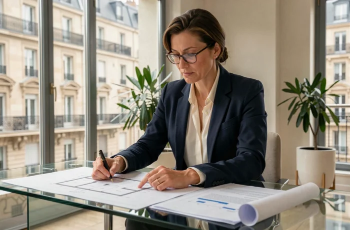 Femme professionnelle en agence immobilière parisienne analysant des plans et des documents financiers pour un investissement immobilier en France