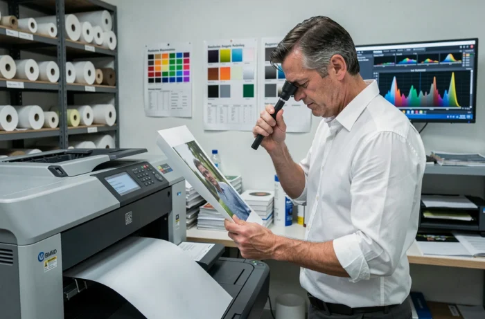 Technicien en studio d'impression vérifiant la résolution DPI d'une photo imprimée en grand format