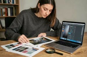 Femme vérifiant le DPI d'une image sur un ordinateur portable avec des impressions test posées sur un bureau en bois